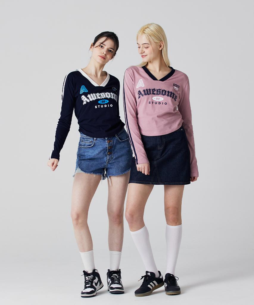 AWESOME STUDIO Blockcore V-Neck Shirred T-Shirt Navy