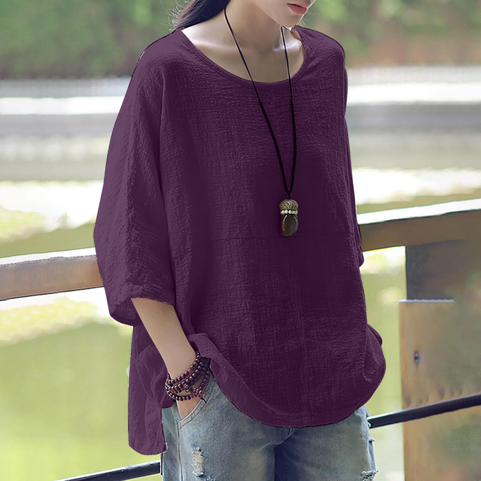 

Женские повседневные однотонные свободные хлопковые льняные топы среднего размера с рукавами большого размера L фиолетовый