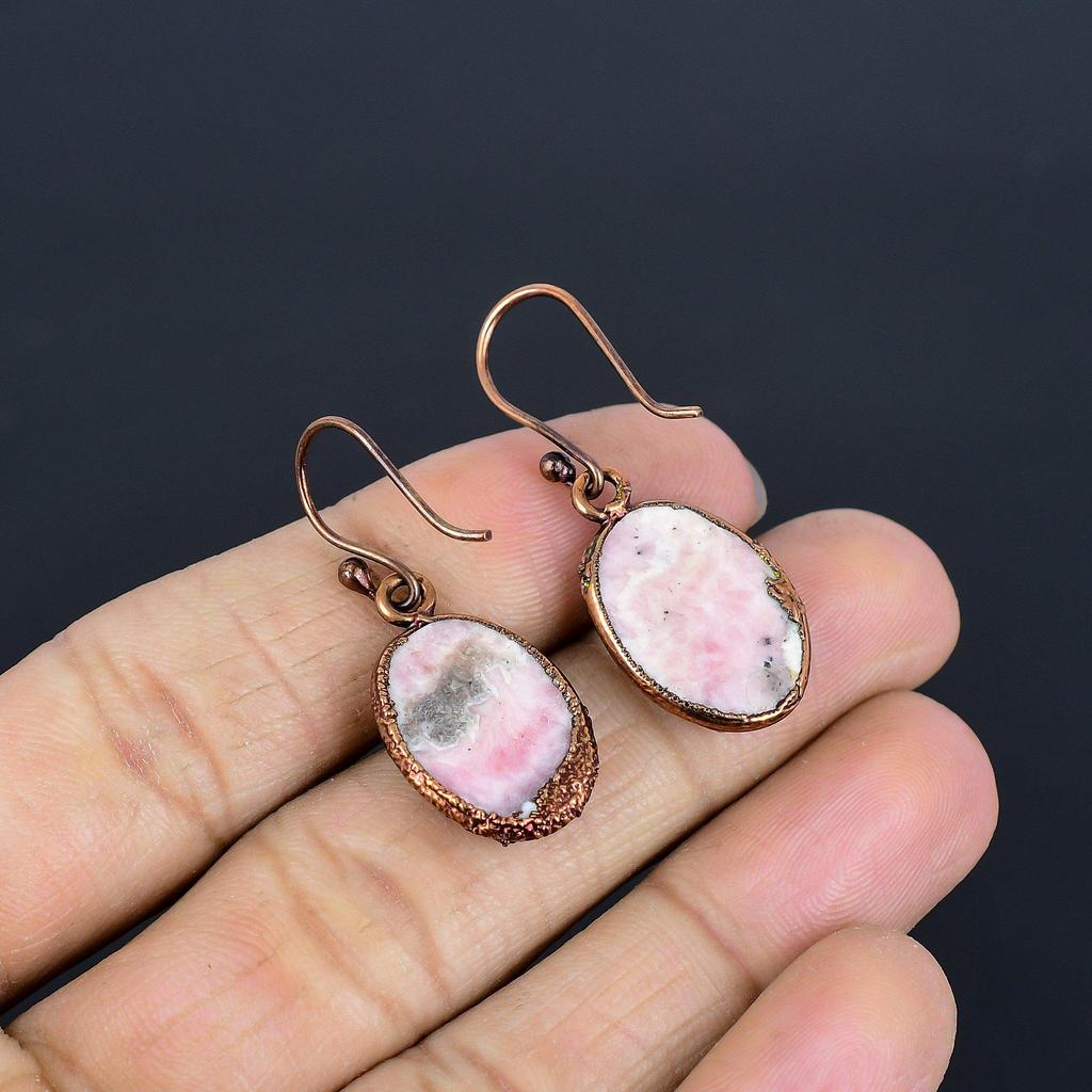 Rhodochrosite Copper Electroformed Earrings, Handmade Gemstone Jewelry Earrings For Memorial Day