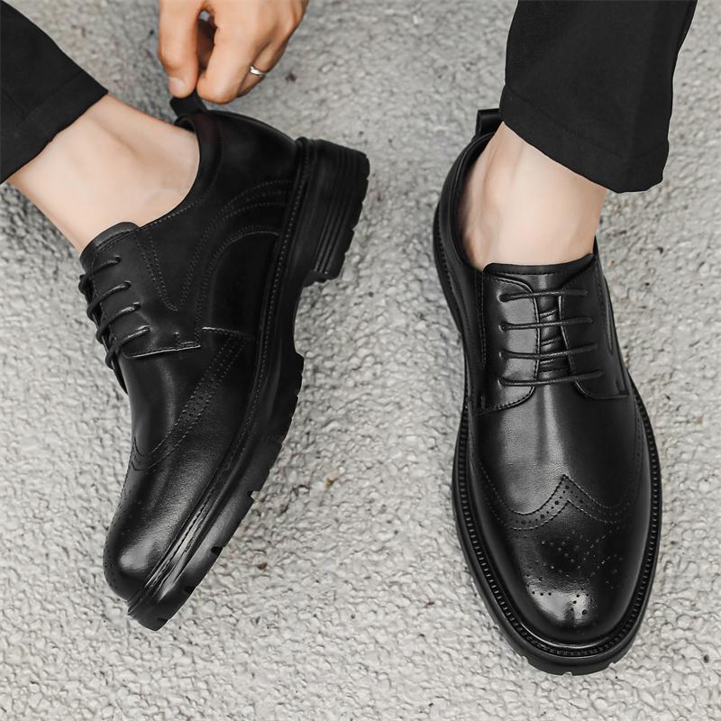 Men Brogues Fashion Lace Up Leather Casual Shoes Spring and Autumn Round Toe Solid Platform Mid Heel Water Proof Loafers