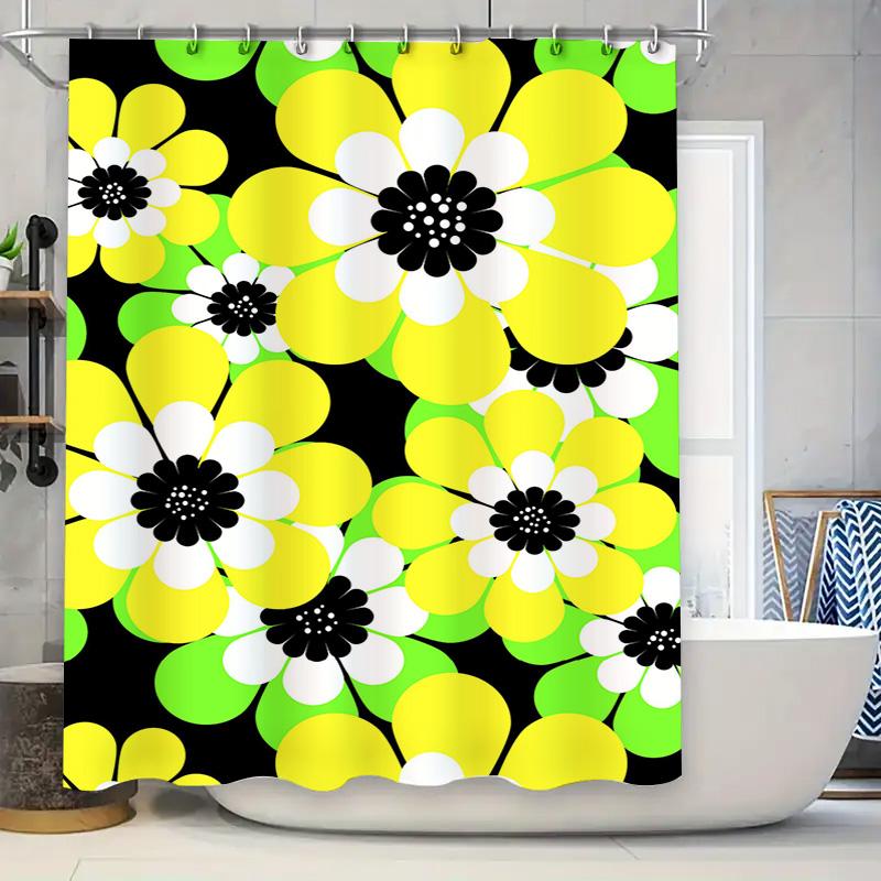 

Bright Yellow White Black Floral Shower Curtain Bold Beautiful Bathroom Decor for Kids Bathrooms Modern Design Made with Eco-Fri 90x180cm