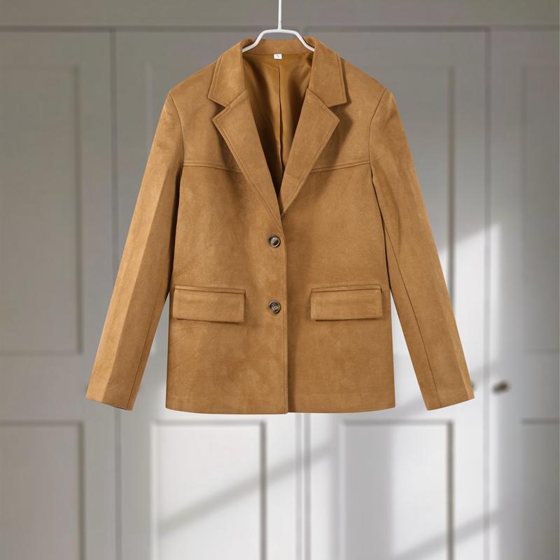 Dámská semišová bunda s klopovým límcem, jednoradové zapínání, khaki, s dlouhým rukávem, sako, módní na dojíždění, větruodolná, teplá bunda, podzim 2025