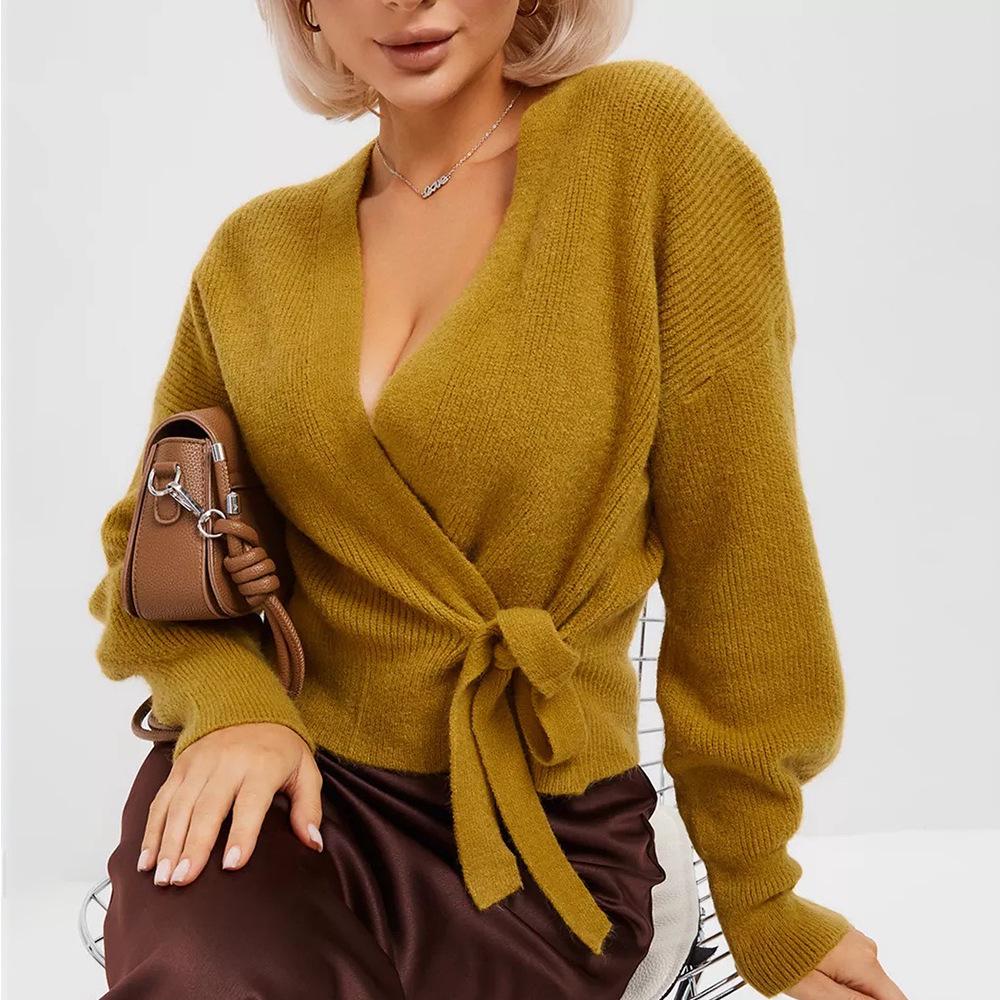 

2025 Осень Сексуальный вязаный кардиган с V-образным вырезом и завязками - Лестное пальто для европейских и американских женщин S имбирный/жёлтый