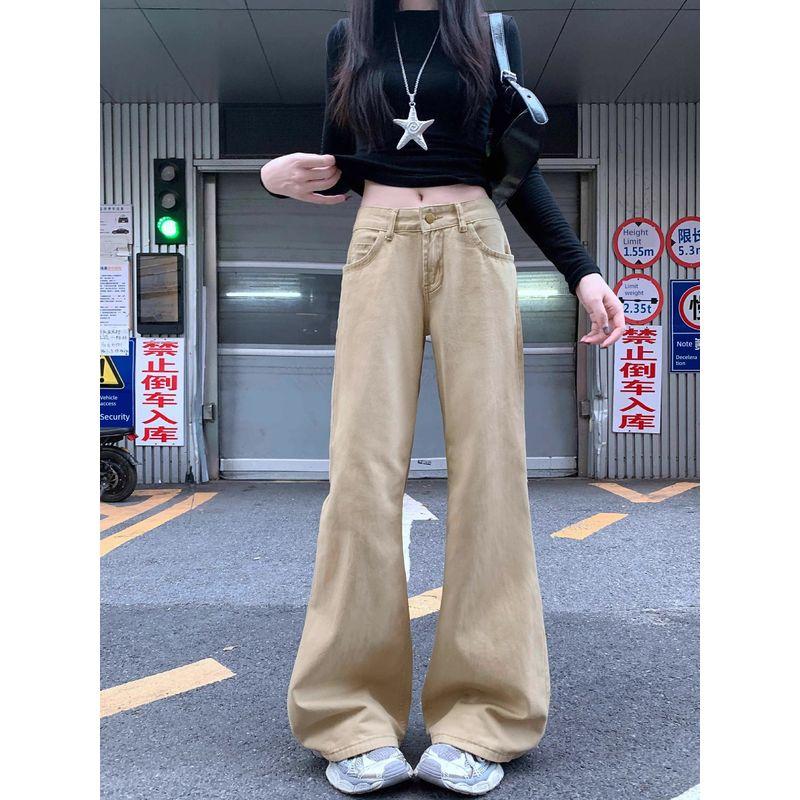 Kumikumi Retro Khaki Mid-Low Waist Bell-Bottom Pants Denim Women's Clothing Autumn Niche Style Chic Slimming Trousers