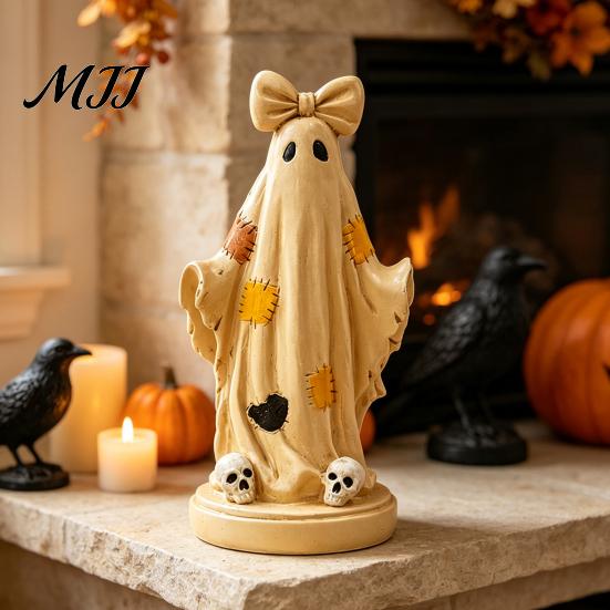 Seasonal Home Decorations Halloween Patchwork Ghost/Pumpkin Man Statue Ornament, Resin Creative Desktop Figurine, Unique Holiday Gifts Cute Sculpture