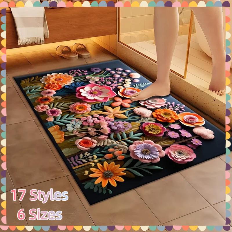 Home Floor Mat With 3D Pattern Non Slip Bath Shower Mat Water Absorbent Mat For Bathroom And Doorway Expandable Flower Rug