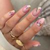 24Pcs French Green Short Almond Fake Nails With Wave Line Design Round Head Press On Nail Tips