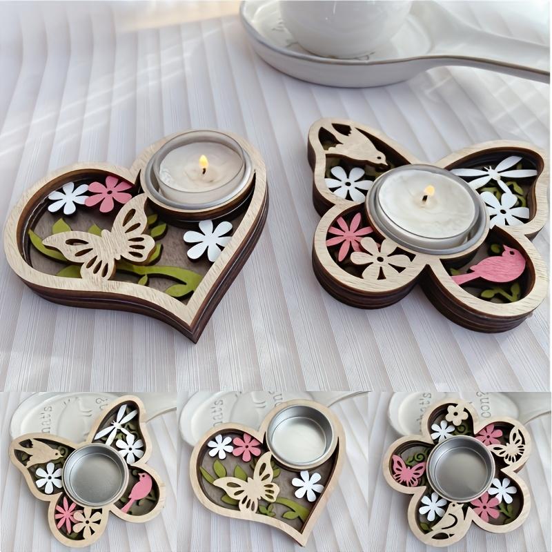 Wooden Vintage Candle Holder with Heart & Floral Patterns, Great for Home, Weddings & Holiday Decor, Ideal for Mother's Day