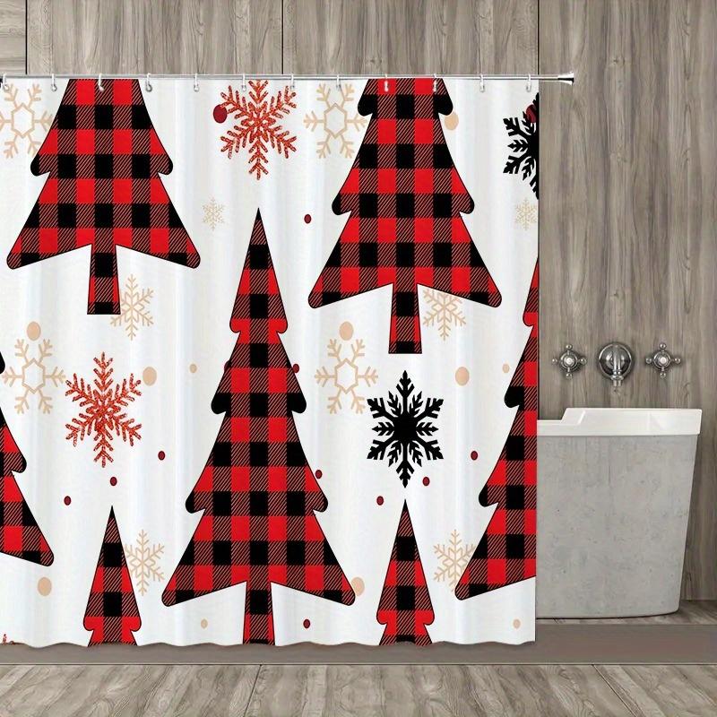 1Pc Red And Black Plaid Snowflake Pattern Shower Curtain, Polyester Fabric, Machine Washable, Suitable For Bathroom Decoration