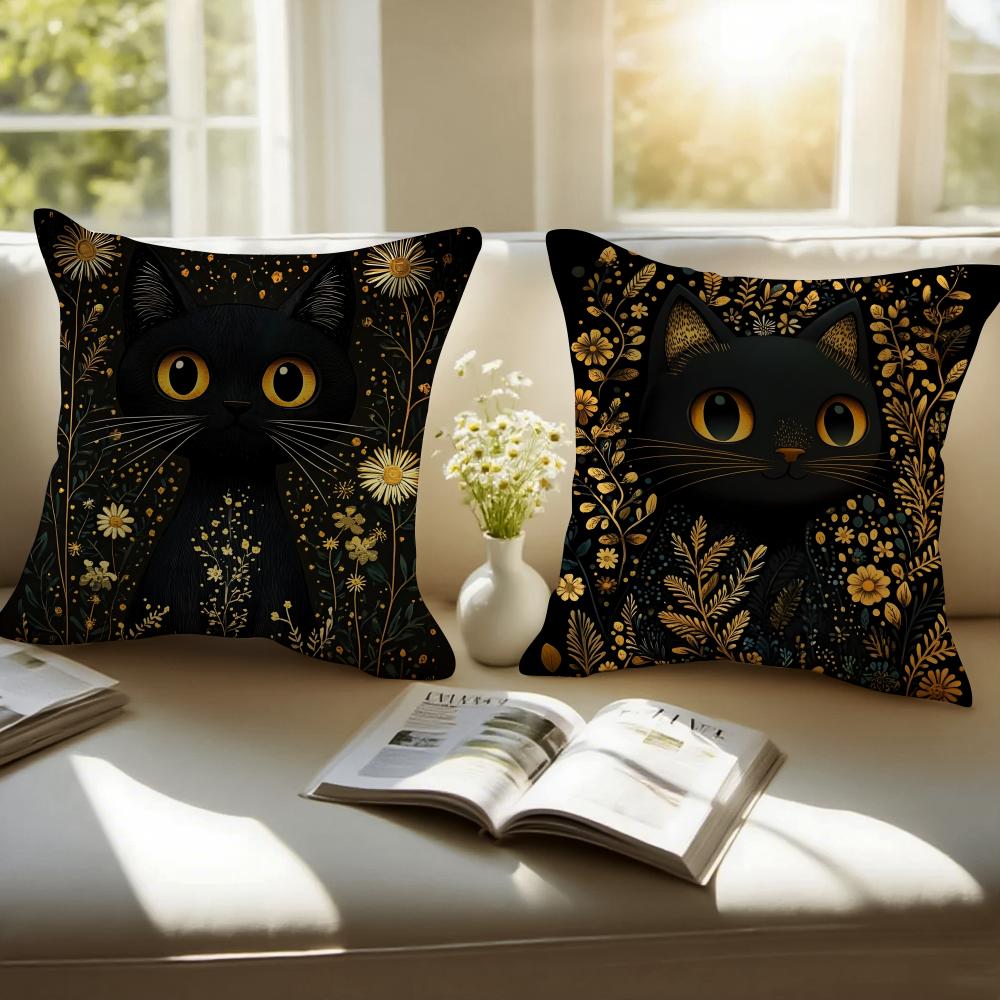 Art Black Cat Cushion Cover Pillowcase Antidustmite Invisible Zipper Short Plush Sofa Cushion