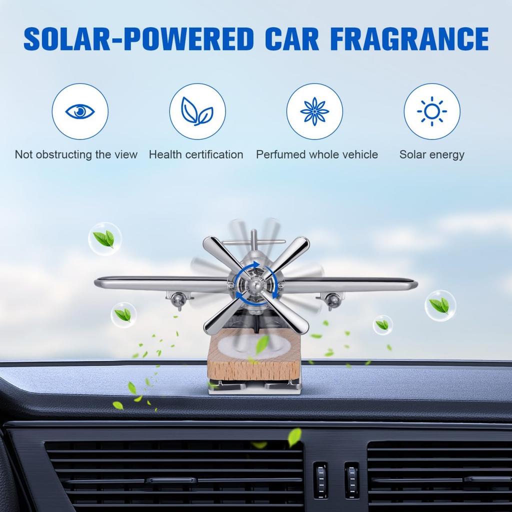 Solar Flugzeug Auto Diffusor, Holzbasis Duft Diffusor, Legierung Solar Energie Rotierende Flugzeug Ornamente für Auto Büro Wohnkultur