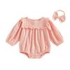 Baby Girls Fall Romper Solid Color Long Sleeve Round Neck Ruffled Jumpsuit with Bow Headband