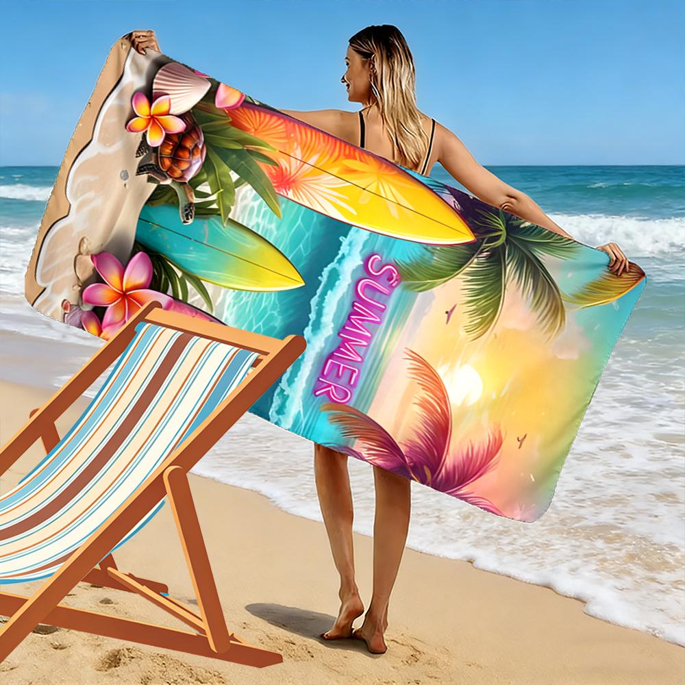 Summer Beach Scene with Surfboards Beach towel quick-drying for travel outdoor sports jogging beach and swimming