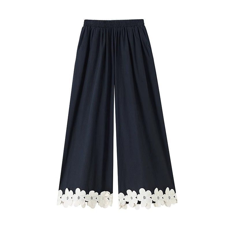 Pantaloni cu picior larg din mătase de gheață cu petice florale, pentru femei, vară, subțiri, talie înaltă, largi, drepți, cu drapaj, casual, până la gleznă