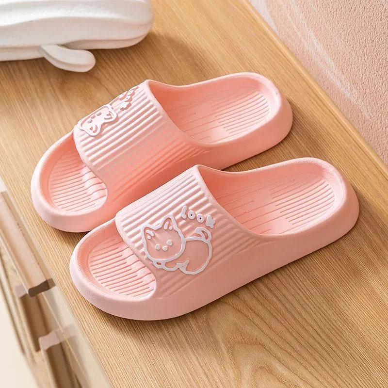 WTEMPO Lovely Couple Slippers Summer Thick Sole Makaron Color Cartoon Animal Stripe Flat Heel Soft Sole Indoor and Outdoor Bathroom Anti-slip Slippers