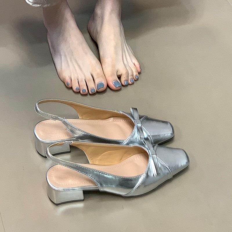 Fashion Hot Selling Women Summer Square Toe Bow Sandals 2025 New Shallow Mouth Non-slip Kitten Heel Shoes French Comfortable Sandals