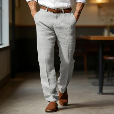 Men Pants Mid-rise Button Zipper Closure Casual Trousers with Pockets Pure Color Straight Leg Long Pants Travel Work Daily Wear