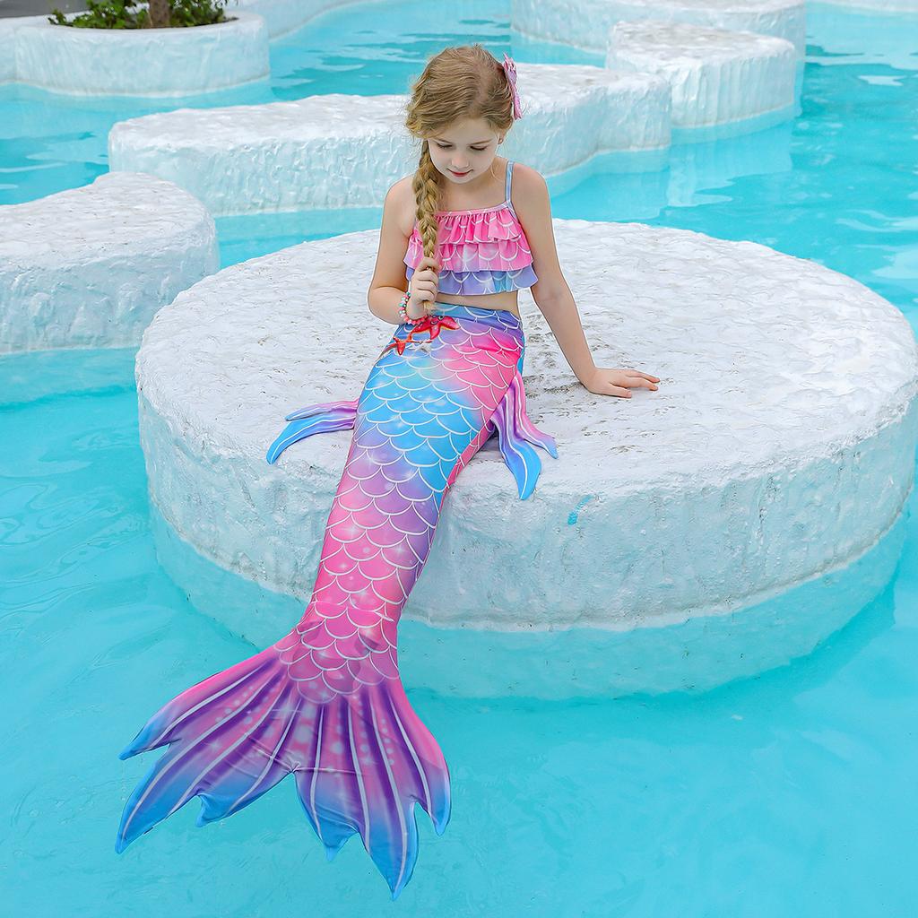Ghnatygren Summer Children's Mermaid Swimsuit Girls Rainbow Mermaid Tail Three-piece Hot Spring Suit
