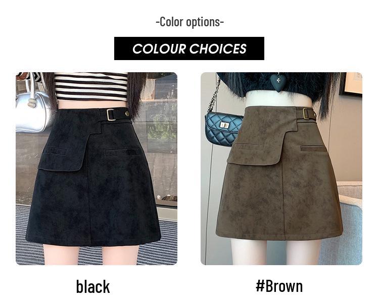 Plus Size Women's Brown Suede A-line High Waist Short Skirt for Spring & Autumn
