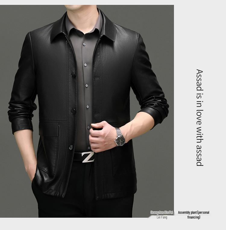 Men's Casual Sheepskin Leather Jacket: Turn-Down Collar, Ideal for Spring/Autumn, Perfect for Middle-Aged and Elderly.