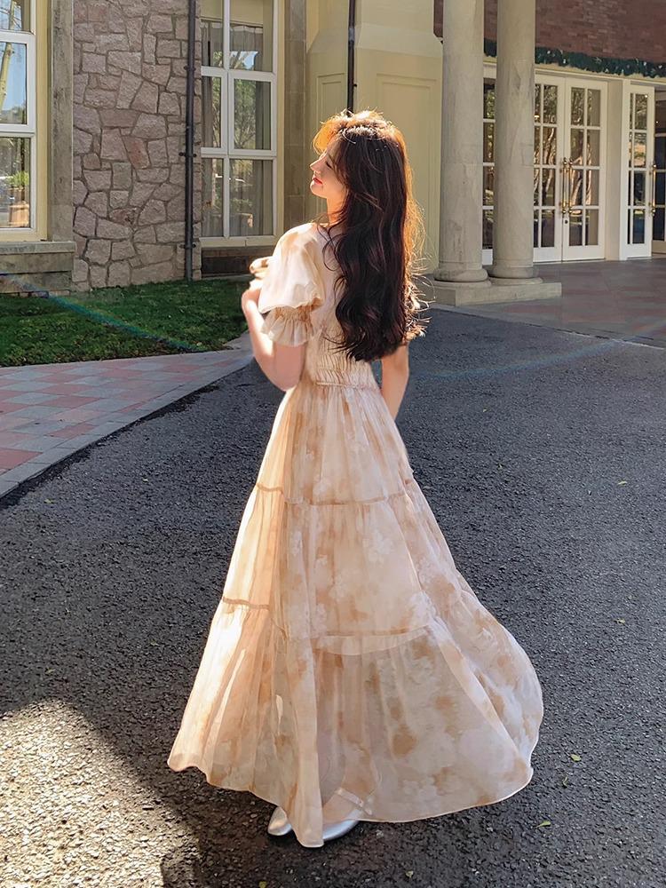 French Romantic Square Neck Floral Dress for Spring & Autumn 2026 - Gentle, Elegant, Long Fairy Vacation Dress