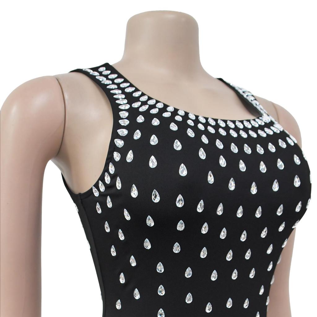 C7117 Fashion Women's Sleeveless U-neck Bodycon Dress with Hot Drilling, European and American Style.