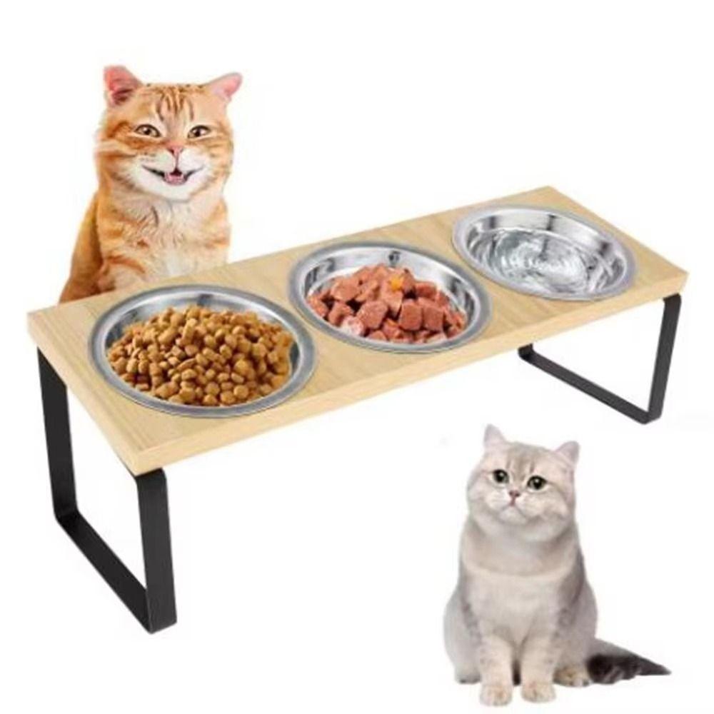 Anti-Leak Pet Feeder Non Slip Wood Dog Water Feeding Dish Cat Bowl Stand  Small to Medium Cats