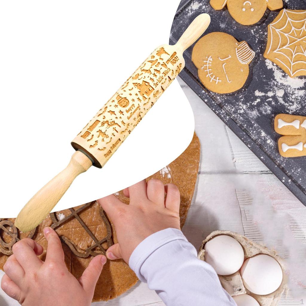 Tłoczony wałek drewniany do ciasteczek drobno teksturowany o tematyce świątecznej Halloween