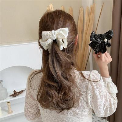 Women's Check Ribbon Pearl Hairpin Banana Clip Hairpin