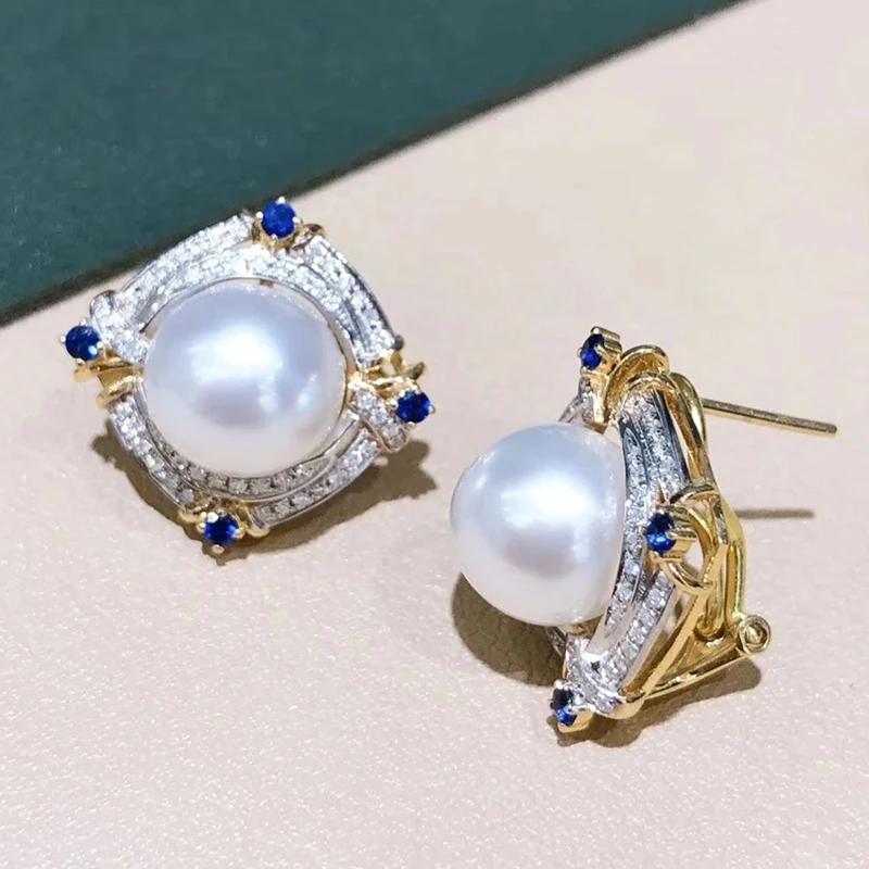 Huitan Gorgeous Women's Imitation Pearl Stud Earrings with Brilliant Blue/White CZ Novel Two Tone Luxury Trendy Wedding Zircon