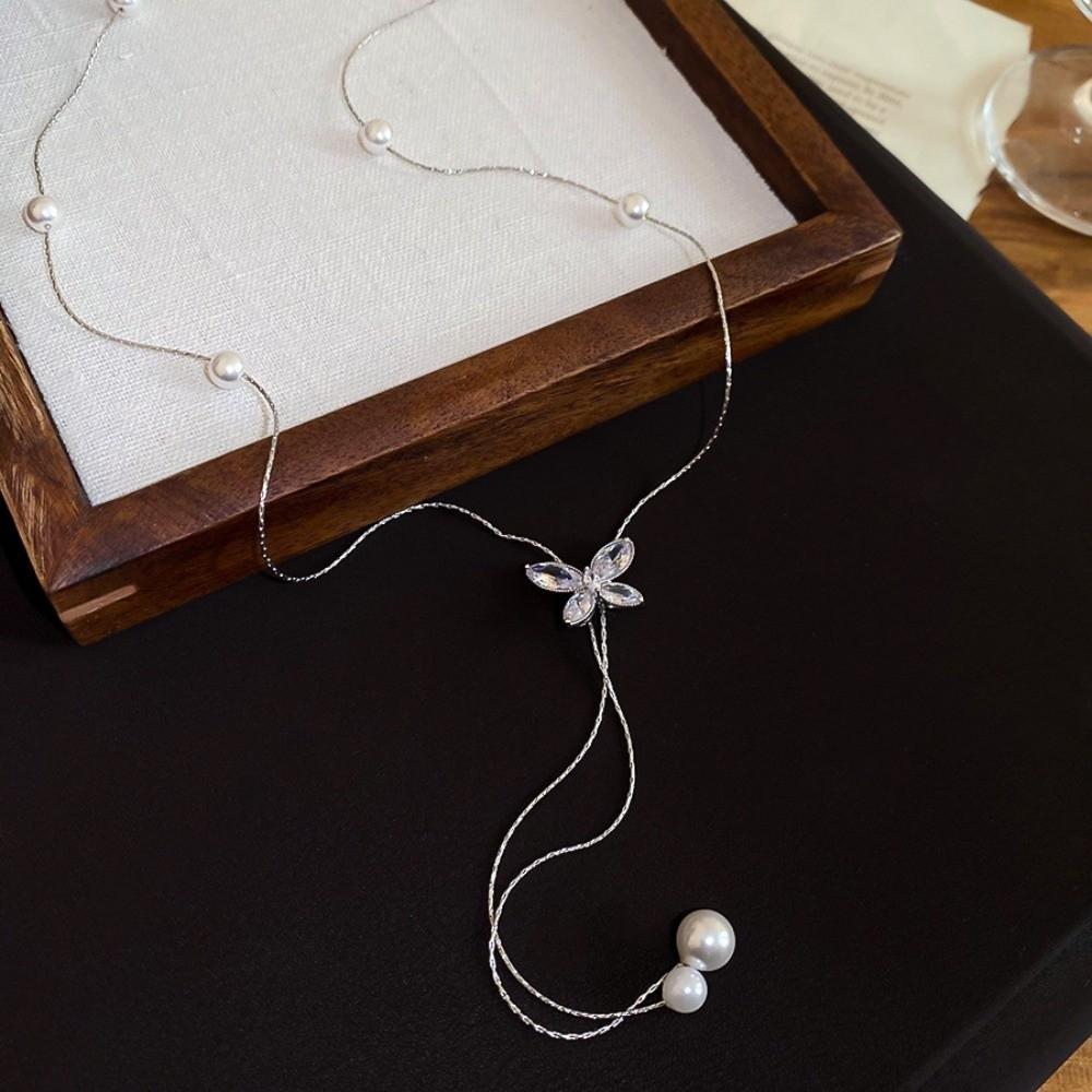 Flower Butterfly Necklace Metal Chain Tassel Collarbone Chain Sweater Chain Pearl Choker  Women