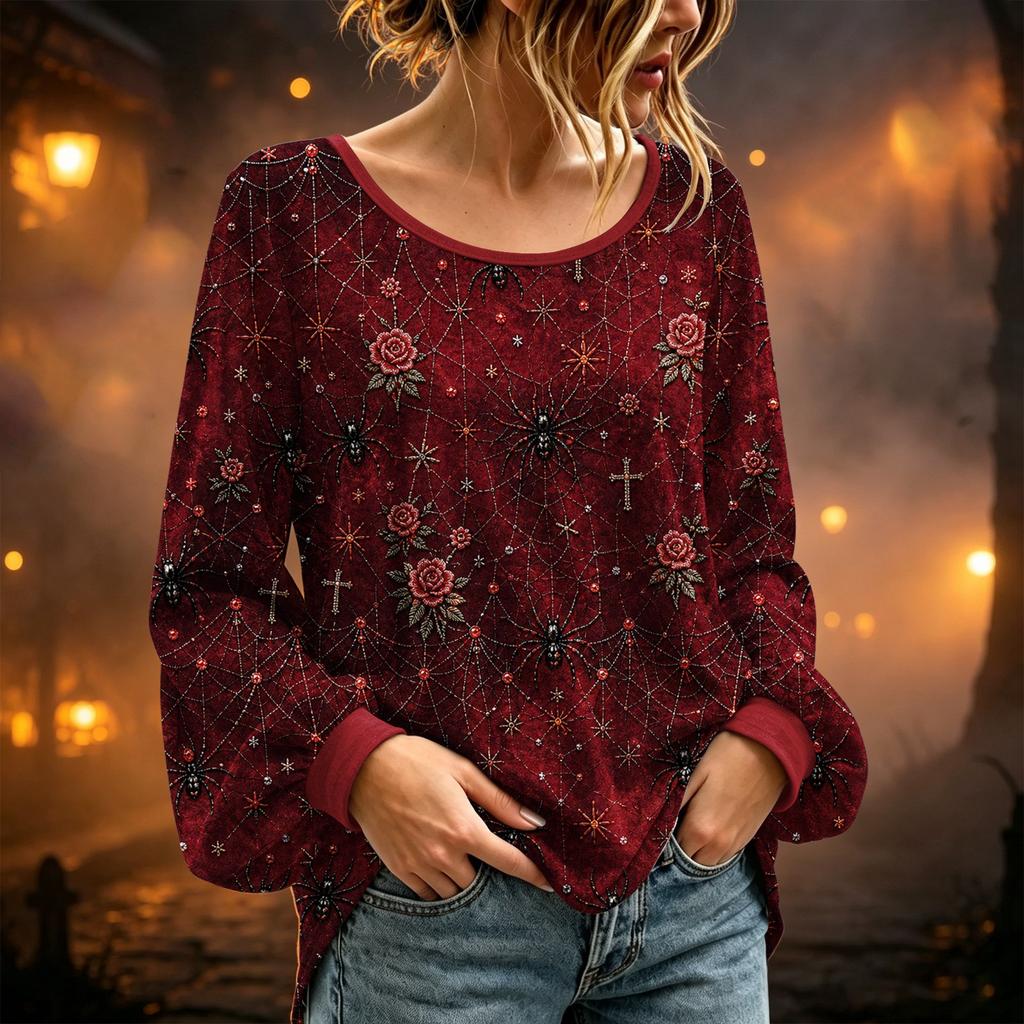 Women's Long Sleeve Neck Halloween Print T-Shirt for Casual Party Wear