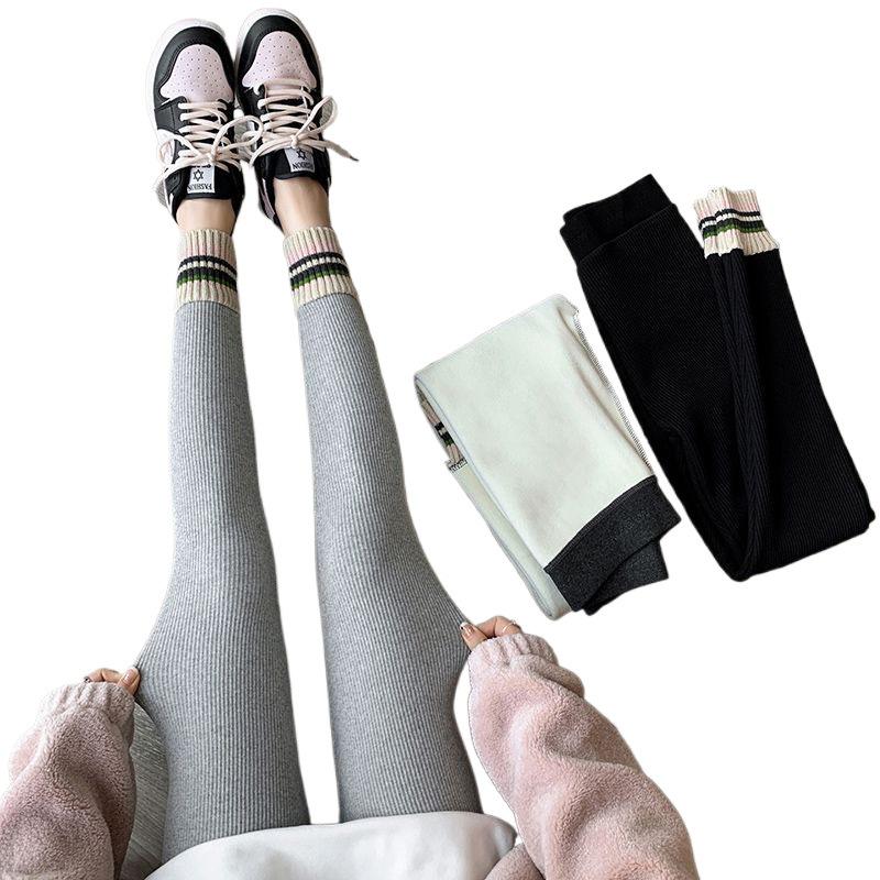 Women's Fleece-Lined Thick Leggings: New Autumn/Winter Style, High Waist, Ribbed Ankle Cuffs, Slim Fit, Warm and Stylish.