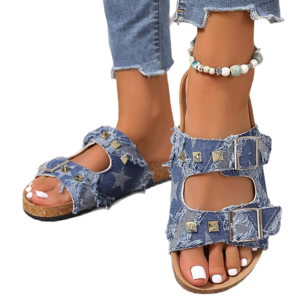 2025wish große Größe flache Sandalen 2025 Frühlingsexplosion Denim Lazy One Pedal Slipper