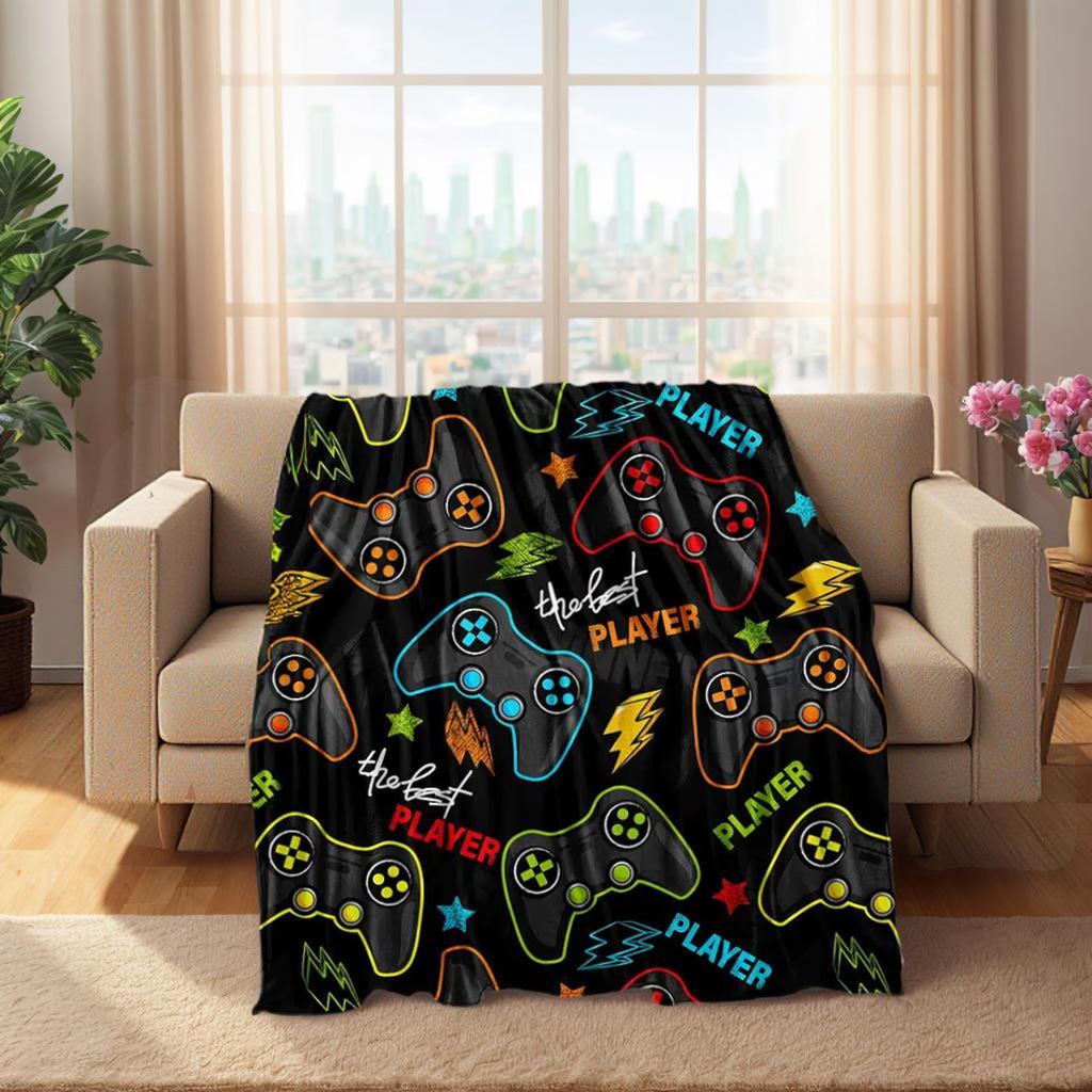 1pc Flannel Blanket Computer Gamer Pattern Blanket Cozy Warm Soft Blanket for Sofa Office Bed and Travelling