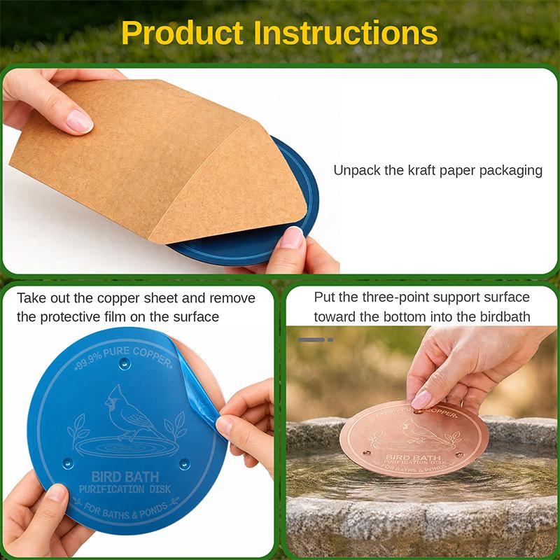 Bird Bath Copper Disk, 0.6mm Thick with Stable Triple-Point Support, All-Season Use, Universal Fit for Outdoor Birdbath