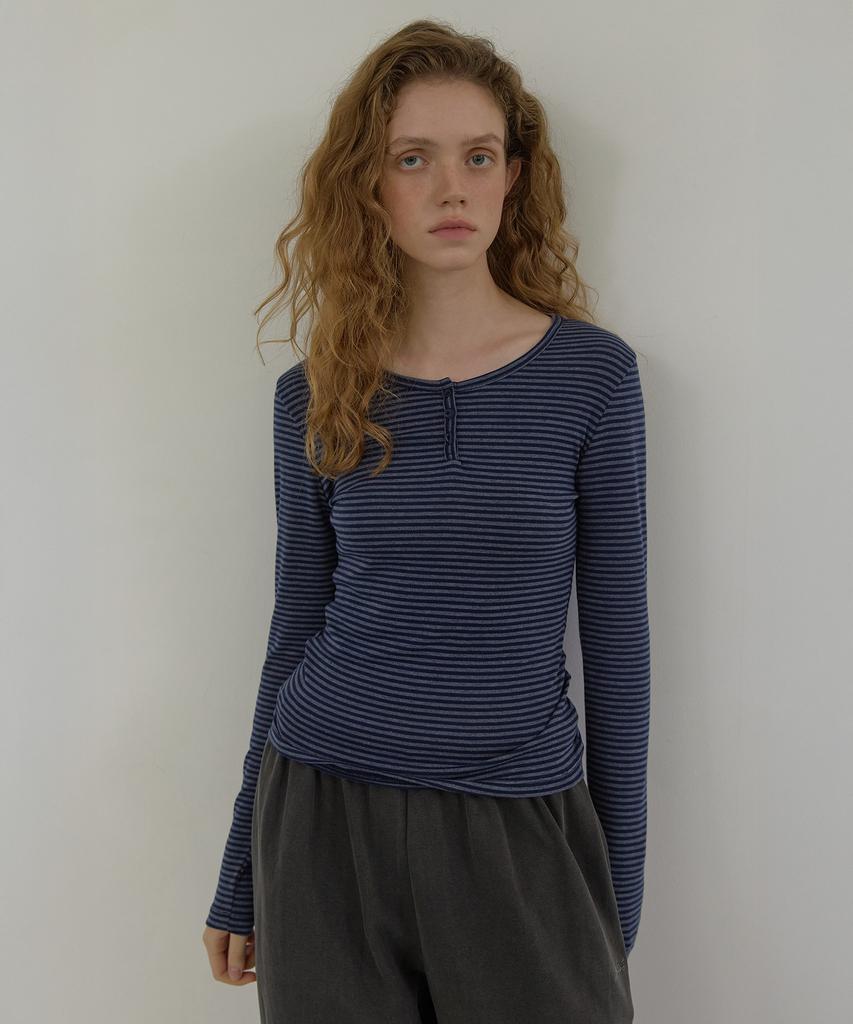 LONQUE Stripe Henley Neck Long Sleeve T-Shirt (Navy)