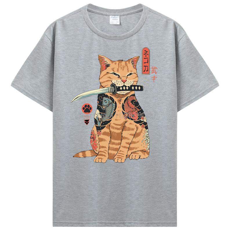 Summer New Men Japanese Samurai Cat Graphic T Shirt Fashion Casual Personality Cool T-shirt Print Cotton Tees Tops