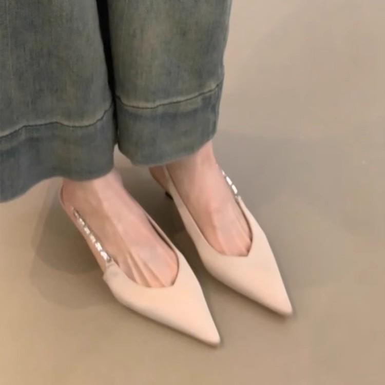 Sheepskin Version~ Gentle Temperament Shallow Mouth Back Strap Rhinestone High Heels Women's Simple Back Empty Tip with Skirt Sandals