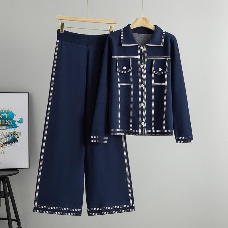 

Women s Cross-Border Fashion Knit Set: Lapel Sweater & Wide-Leg Pants for Autumn/Winter One Size синій