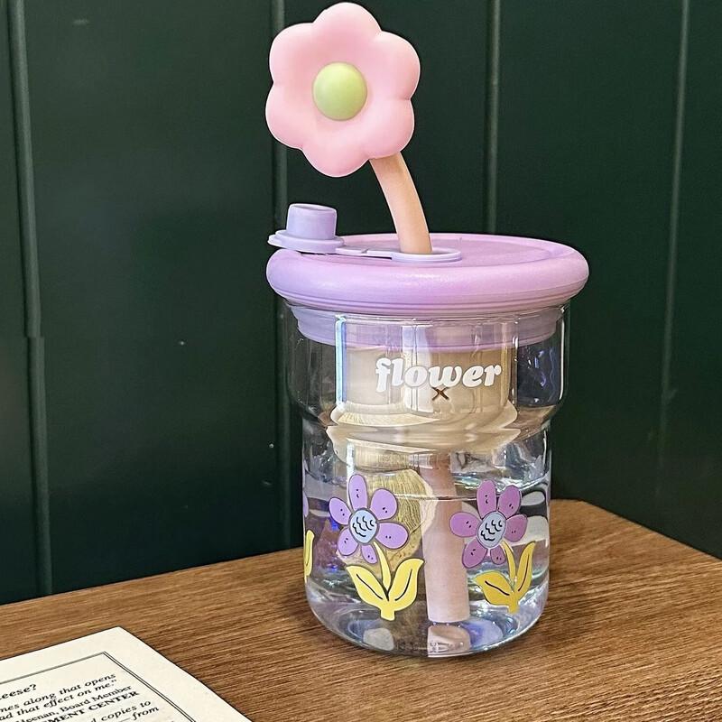 Стеклянная бутылка для воды Shangqi Floral из боросиликатного стекла с фильтром и соломинкой