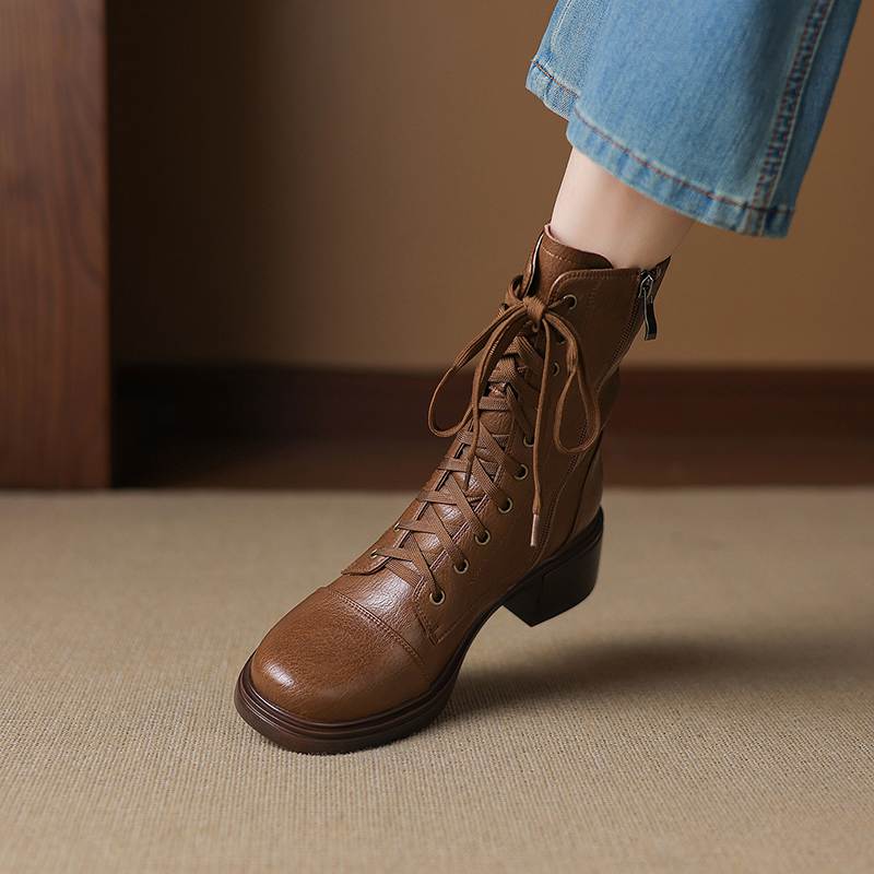 Krazing Pot Cow Skin Round Toe Thick Heels Motorcycle Boots Size 42 Lace Up Women Keep Warm Mid-calf Boots