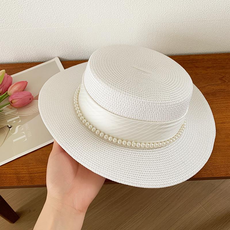 French Celebrity Style Flat Top Top Hat New Summer Elegant Pearl Straw Seaside Sun Hat Children