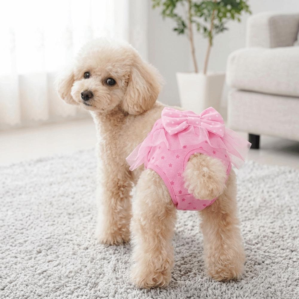 Pink Tone Pet Sanitary Pant Bow Decor Female Dog Nappy Cute Pet Short Pant House Clean Protection