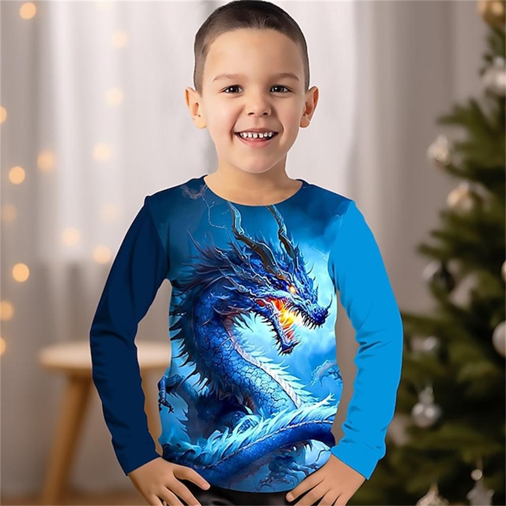 Spring and Autumn Round Neck Dragon Pattern 3D Printed Top Fashionable Casual Long Sleeved Children's Boy T-shirts