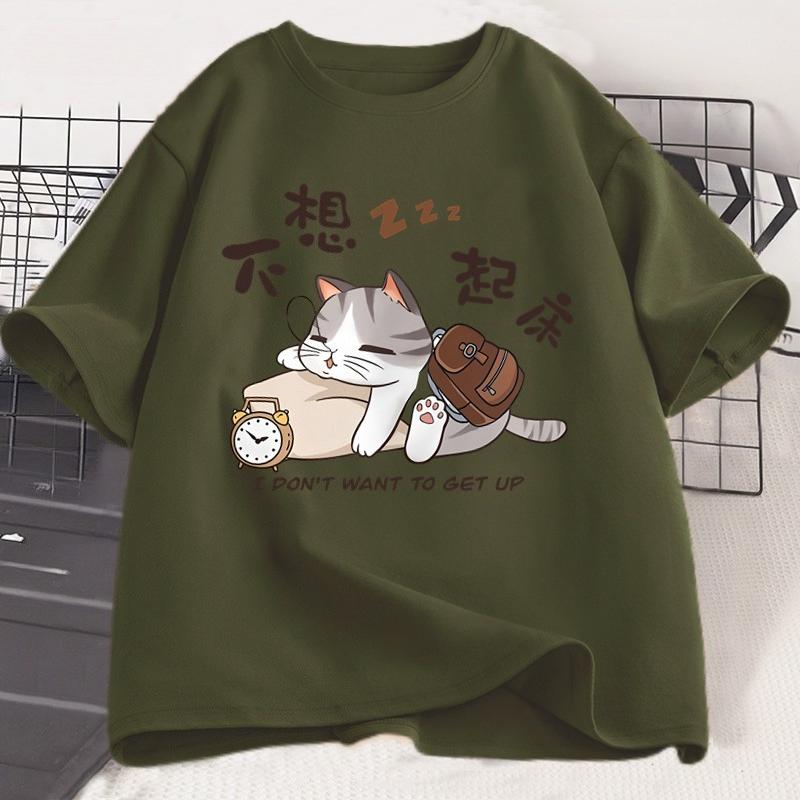 I Dont Want To Get Up Cat Graphic T Shirts Funny Cat Lover Printed Tshirt Casual Trendy Cotton Oversized Women Clothes Tops