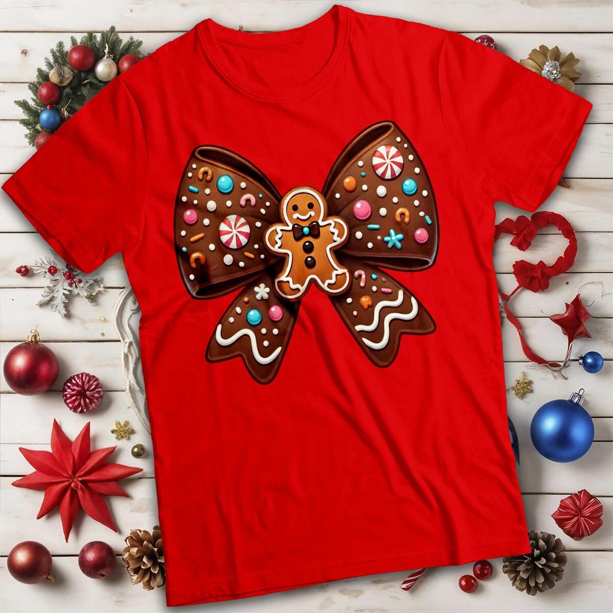 and WoGingerbread Man Bow Christmas T-Shirt Tee 100