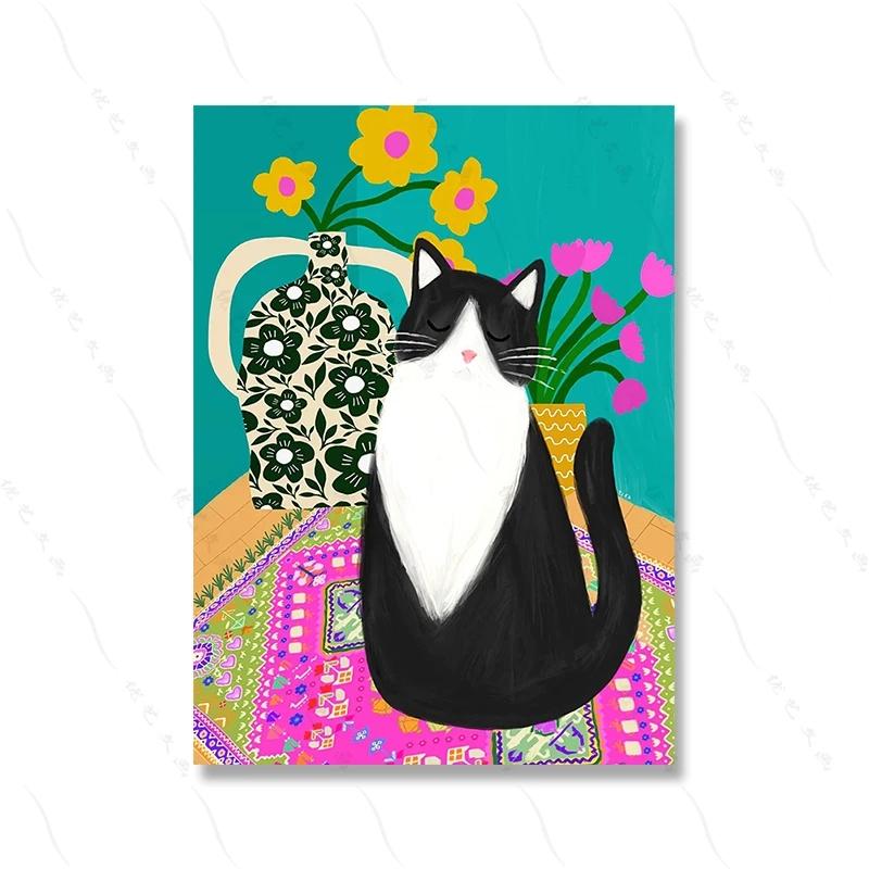 

Модный Цветочный Черный Кот Красочный Плакат Абстрактные Розовые Розы Холст Картина Принт Ковер Настенная Картина Для Детской Комнаты Домашний Декор 21x30cm No Framed