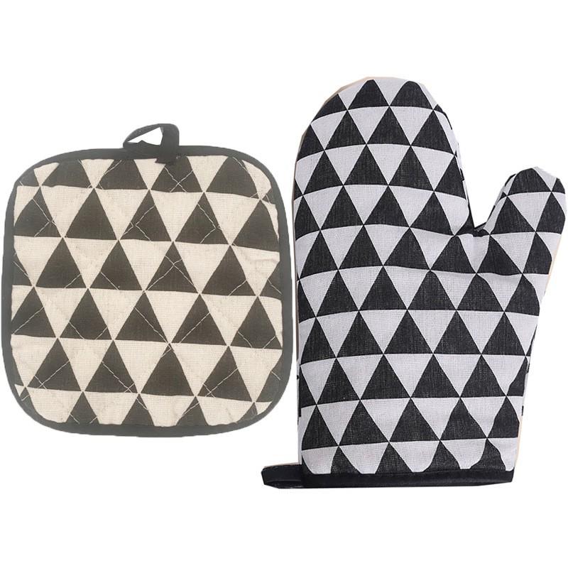 Heat Resistant Oven Gloves With Insulated Pad Set Baking Microwave Kitchen Use Cotton Linen Blend Modern Geometric Design