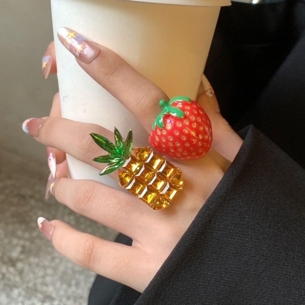 Strawberry Enamel Fruit Ring Korean Style Chunky Enamel Ring Cute Insect Drip Oil Ring  Couple